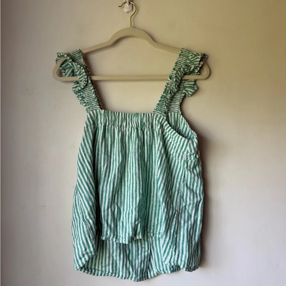 J. Crew Green Stripe Linen-blend button-front tank top with ruffle straps M